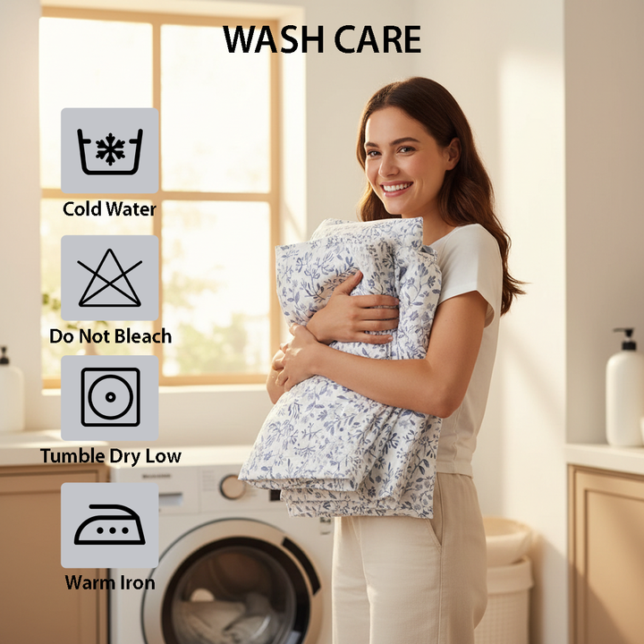 Printed bedding set featuring delicate blue floral design