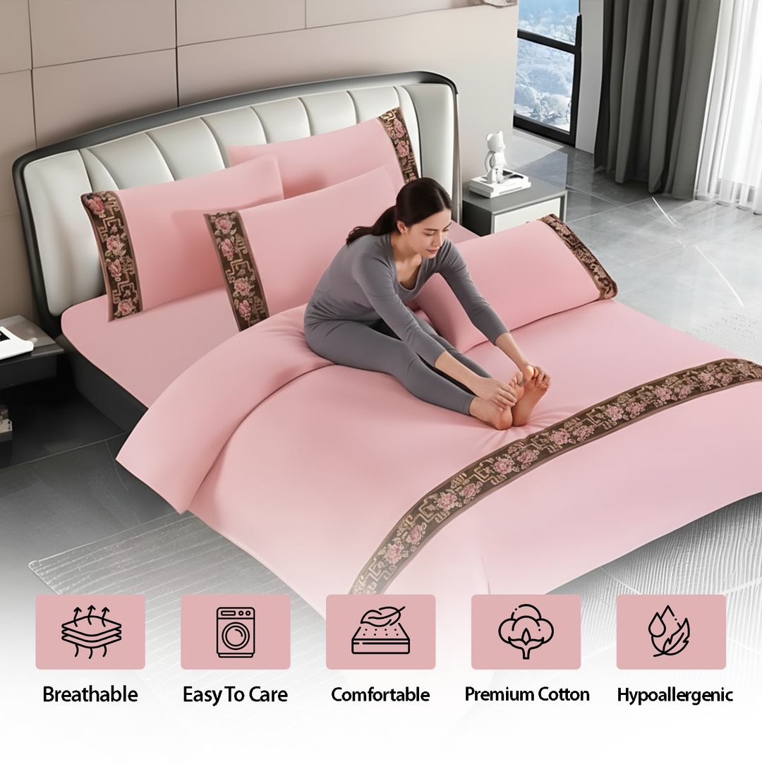 King Size Bed Sheets Cotton 6 PCs - Comfortable Sheet, Duvet & Pillowcases with Border
