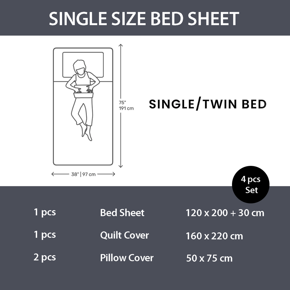 Bedding set dimensions for single/twin bed with bed sheet, quilt cover, and pillow covers.