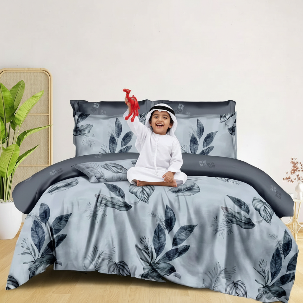 Modern grey single bedspread with tropical leaf design