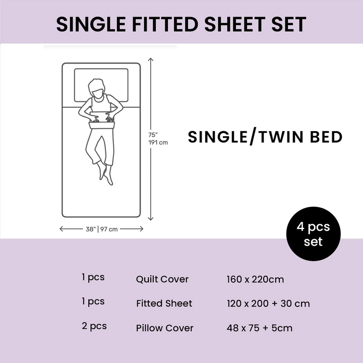 4 PCs Single Bed Set, Single Fitted Sheet Duvet Cover Set 160x220 Bedding Set (4FS1)