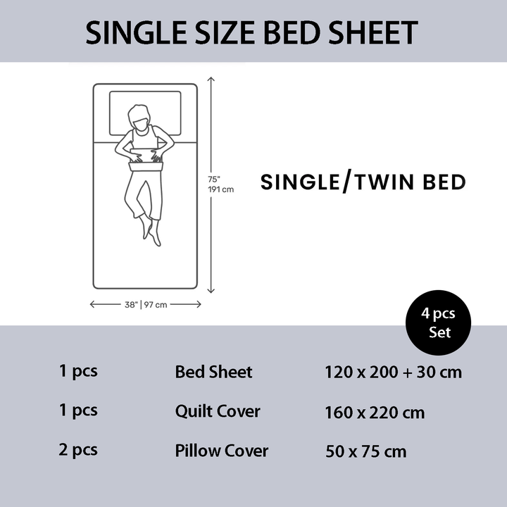 Bedding set information for a single/twin bed including dimensions and components.