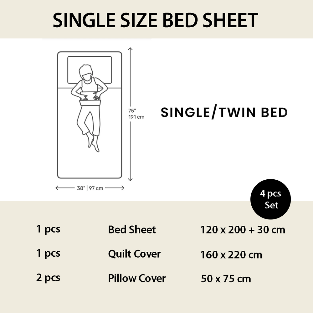 Bedding set dimensions for single/twin bed with bed sheet, quilt cover, and pillow covers.