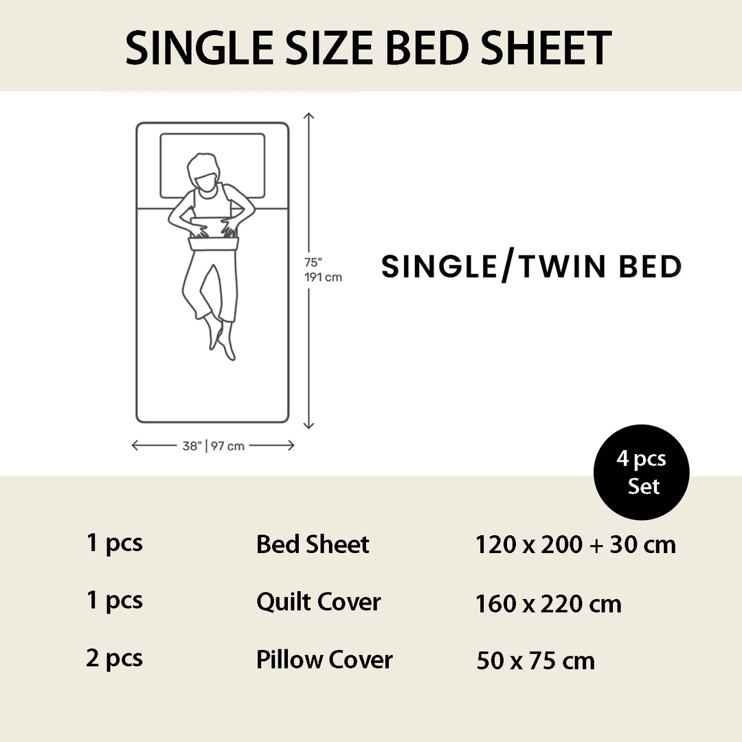 Bedding set dimensions for single/twin bed with bed sheet, quilt cover, and pillow covers.