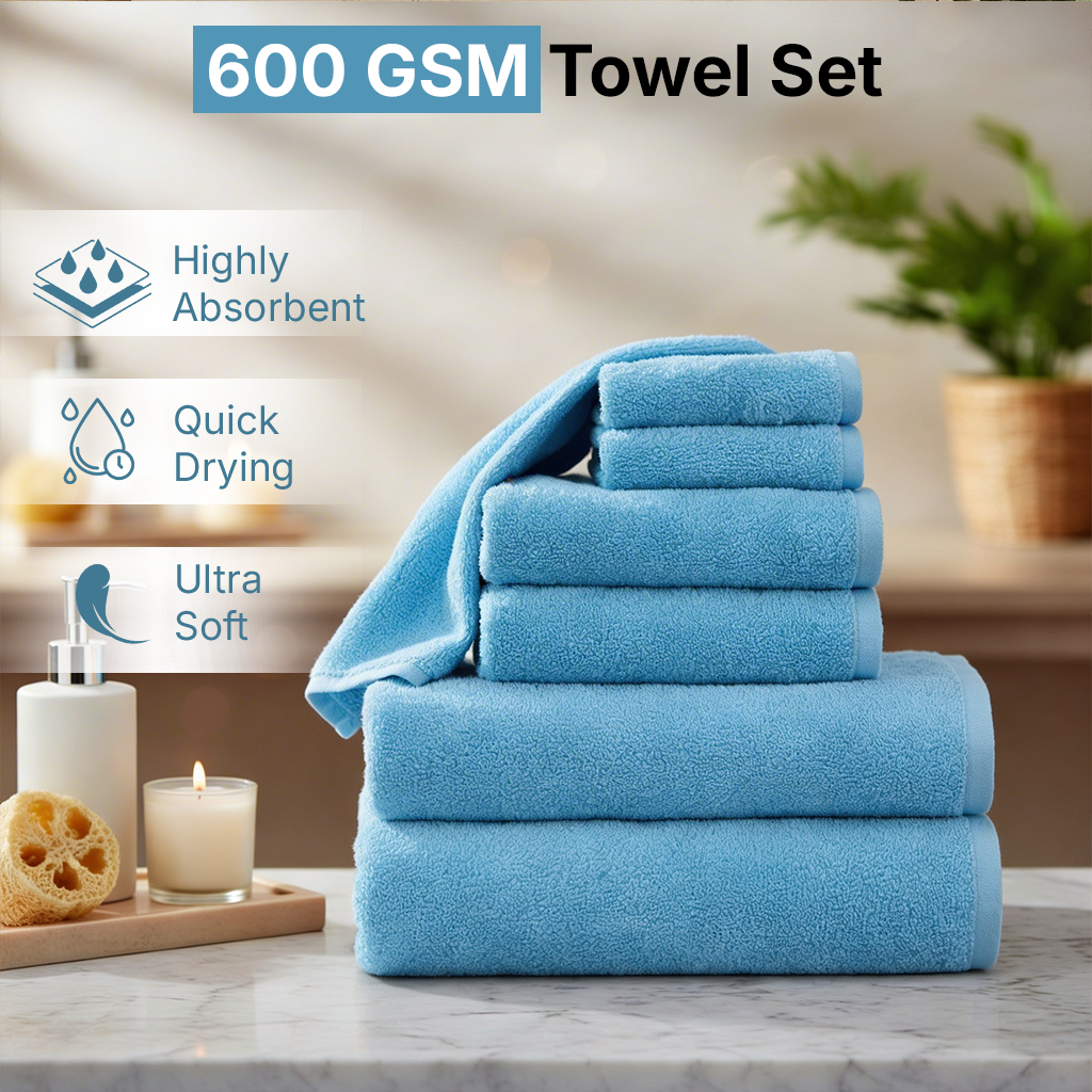 100% Cotton Bath Towel Set 6 PCs -Soft & Absorbent, Best Quality Towel for Daily Use (Blue)