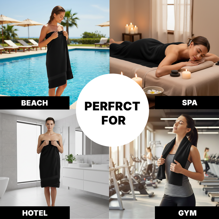 Woman wrapped in a black towel in various settings including beach, spa, hotel, and gym.