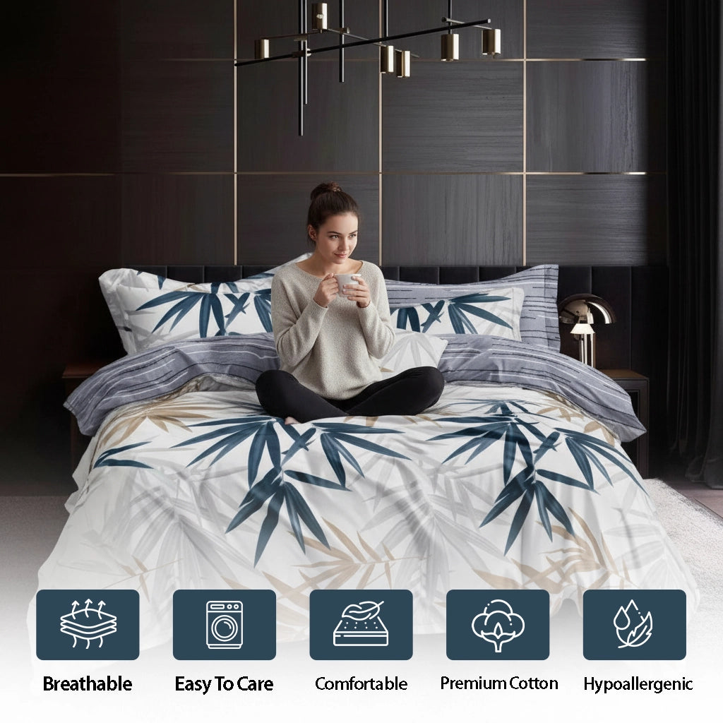 Bed arranged using patterned bed sheet, coordinated quilt cover, and pillow cover