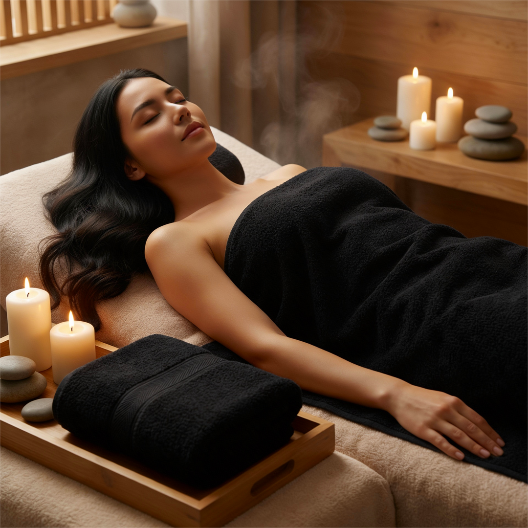 Close-up of rolled charcoal towels showing dense weave and plush feel