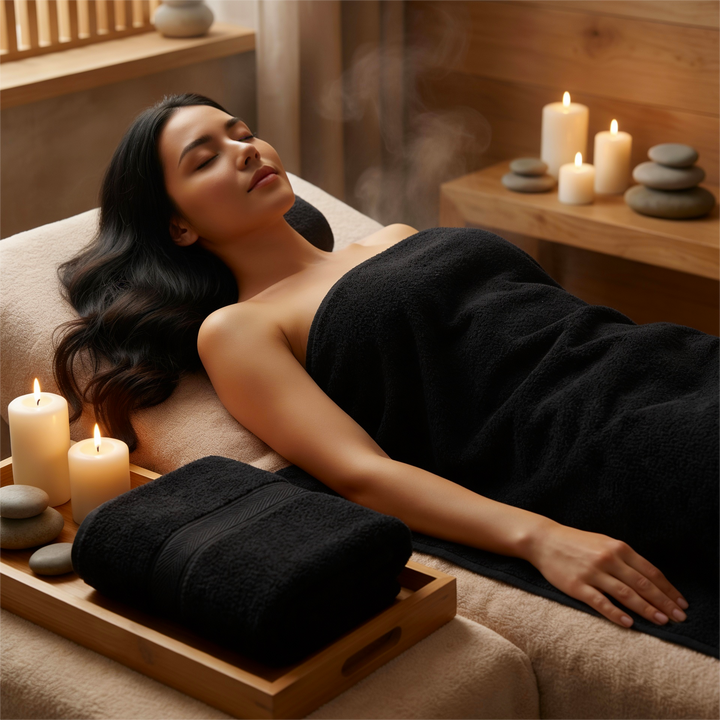 Close-up of rolled charcoal towels showing dense weave and plush feel