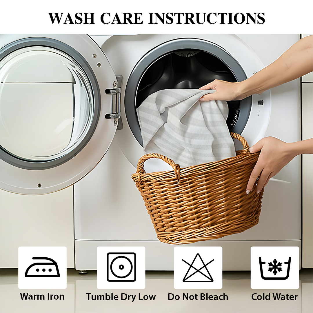 Wash care instructions with a washing machine, laundry basket, and icons for ironing, drying, bleaching, and washing  for mooncee