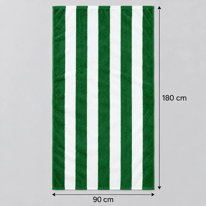 A rectangular towel with vertical green and white stripes, shown on a light gray background with dimension arrows and labels indicating 90 cm width and 180 cm height.