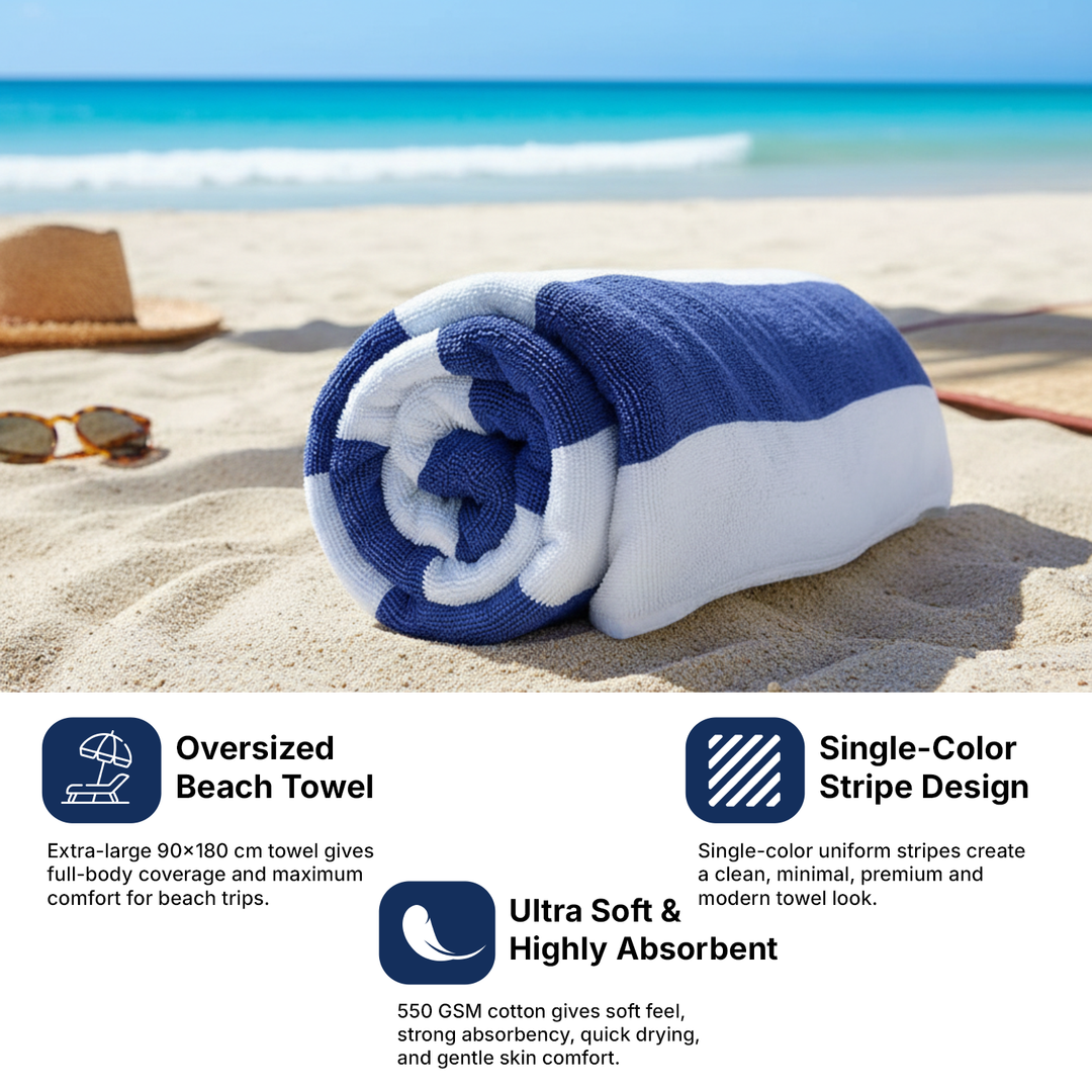 Premium Cotton Beach Towel – Large, Quick-Dry & Highly Absorbent Striped Design
