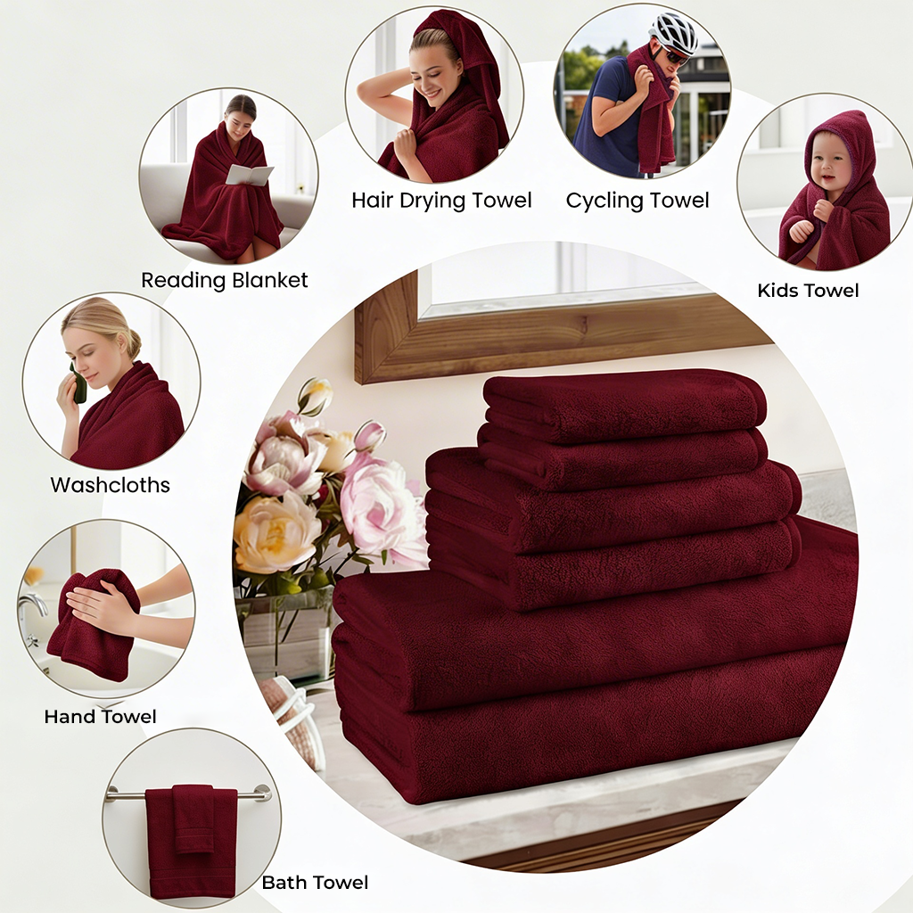 6 PCs Premium Towel Set, 2 Bath Towels, 2 Hand Towels , 2 Washcloths & Shower Towel