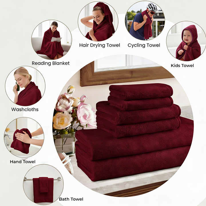 6 PCs Premium Towel Set, 2 Bath Towels, 2 Hand Towels , 2 Washcloths & Shower Towel