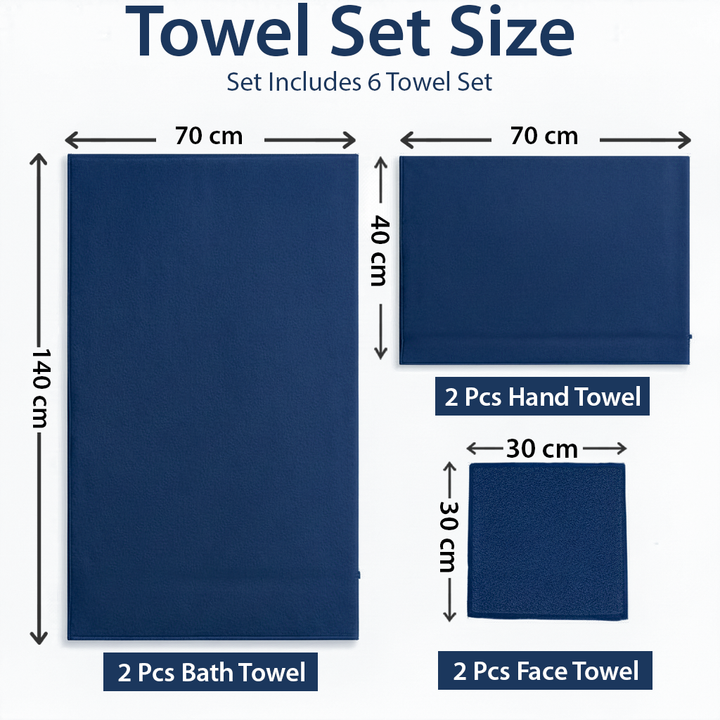 6 PCs Premium Towel Set, 2 Bath Towels, 2 Hand Towels , 2 Washcloths & Shower Towel
