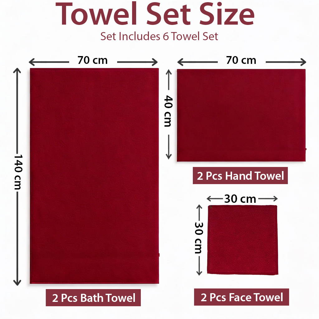 6 PCs Premium Towel Set, 2 Bath Towels, 2 Hand Towels , 2 Washcloths & Shower Towel