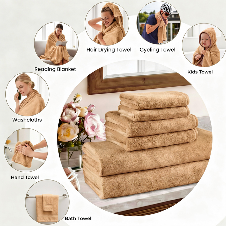 6 PCs Premium Cotton Towel Set – Bath Towel Set with Hand Towels & Washcloths (Camel)