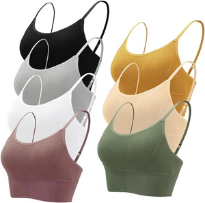 A stack of five women's tube top bras in multiple colors including black, beige, white, green, and purple.
