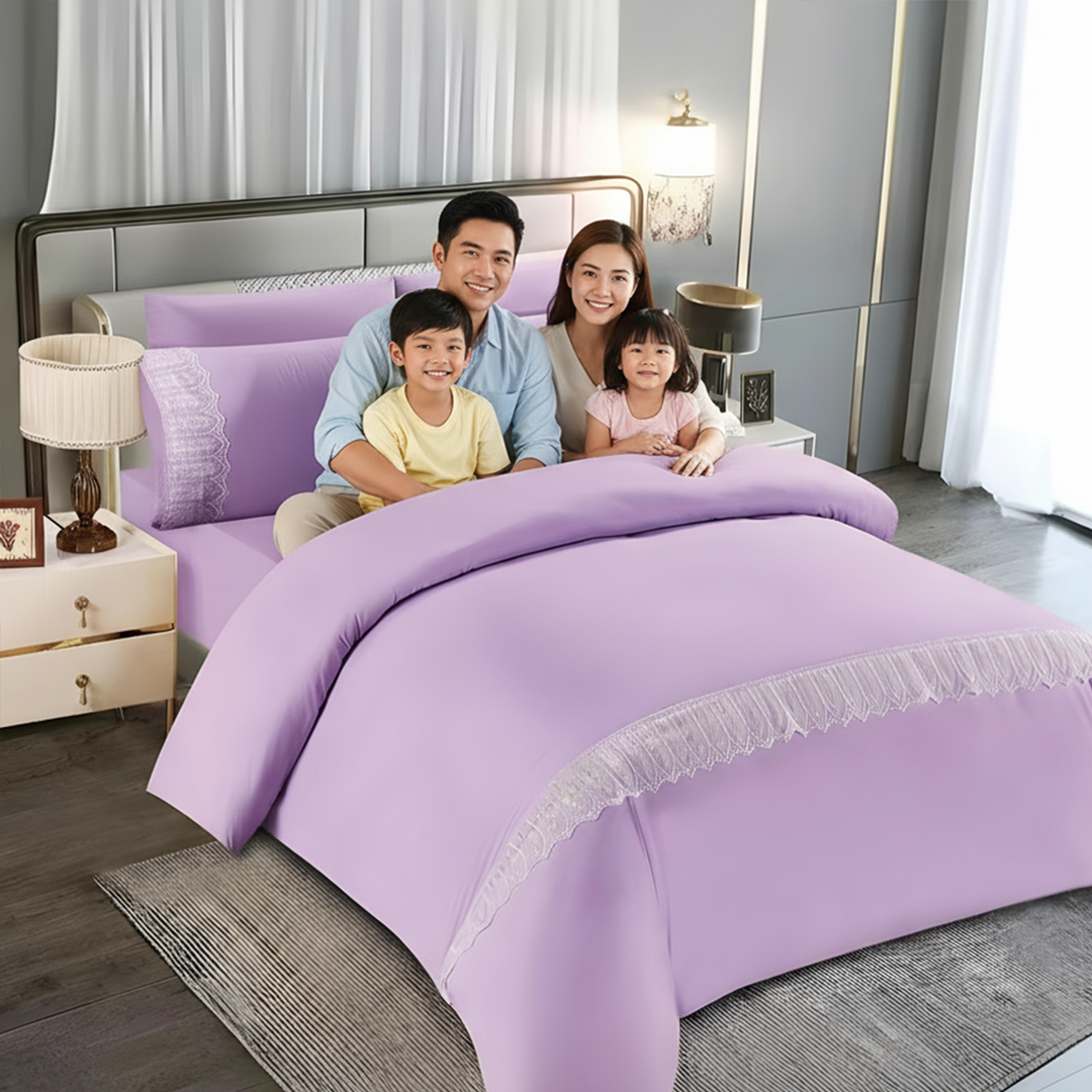 Luxury King Size Bedding Set – 6 Pcs Cotton Blend Duvet Cover with Lace Design (Lavender)