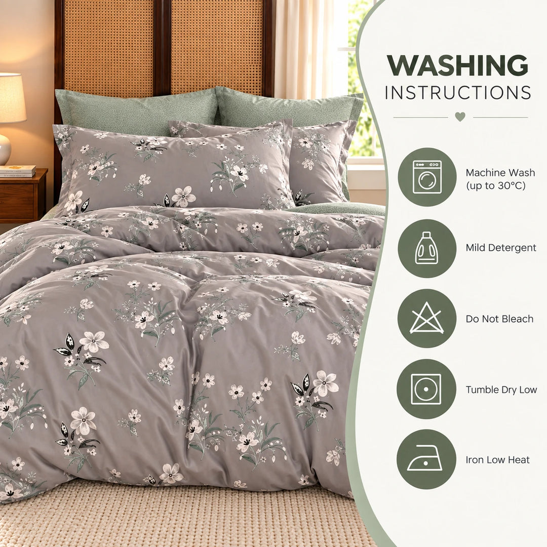 6 PCs King Size Grey Flora Bedding Set with Tiny White Duvet Cover 220x240 cm for Elegant Bedroom (6FS227)