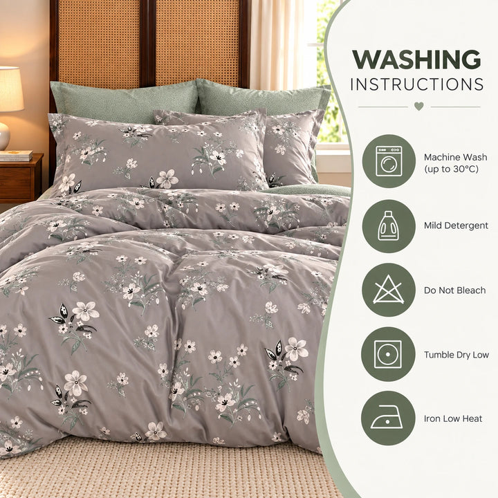 6 PCs King Size Grey Flora Bedding Set with Tiny White Duvet Cover 220x240 cm for Elegant Bedroom (6FS227)