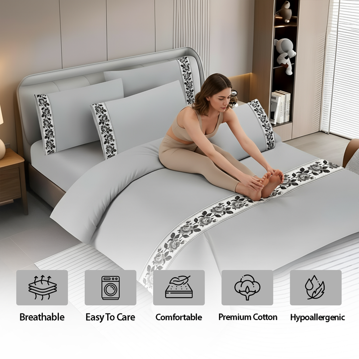 Pattern Border Bed Bedsheet – King Size Cotton Fitted Sheet, Duvet & Pillowcases (6TQ08)