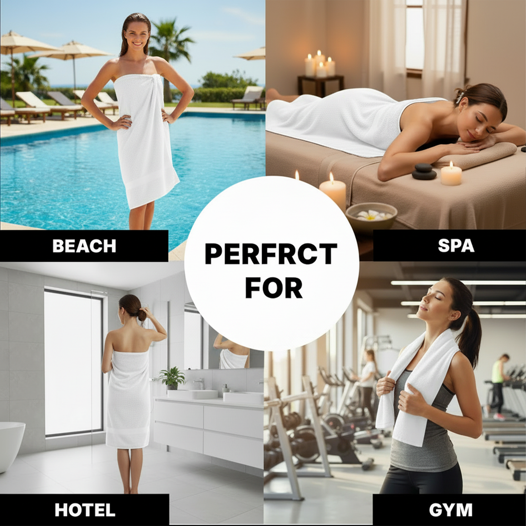 Soft white cotton towel featuring a subtle patterned border