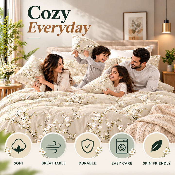 طقم سرير ملكي مكون من 6 قطع بتصميم زهور باللون الأخضر المريمي - مجموعة لحاف وملاءات مستوحاة من الطبيعة (6FS180)