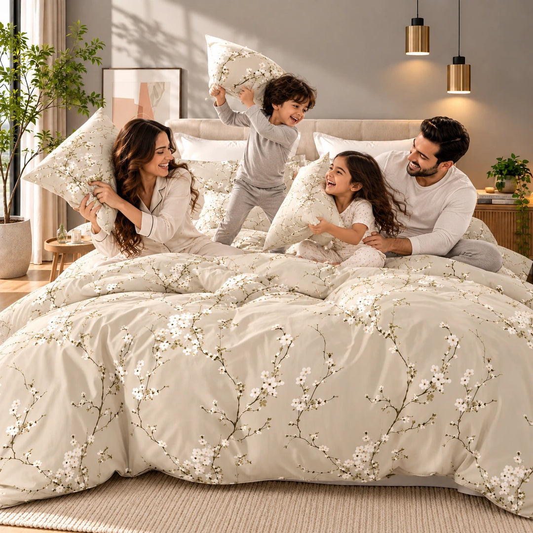 طقم سرير ملكي مكون من 6 قطع بتصميم زهور باللون الأخضر المريمي - مجموعة لحاف وملاءات مستوحاة من الطبيعة (6FS180)