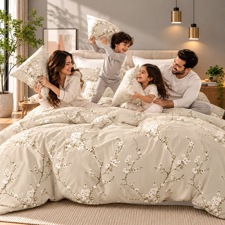 طقم سرير ملكي مكون من 6 قطع بتصميم زهور باللون الأخضر المريمي - مجموعة لحاف وملاءات مستوحاة من الطبيعة (6FS180)