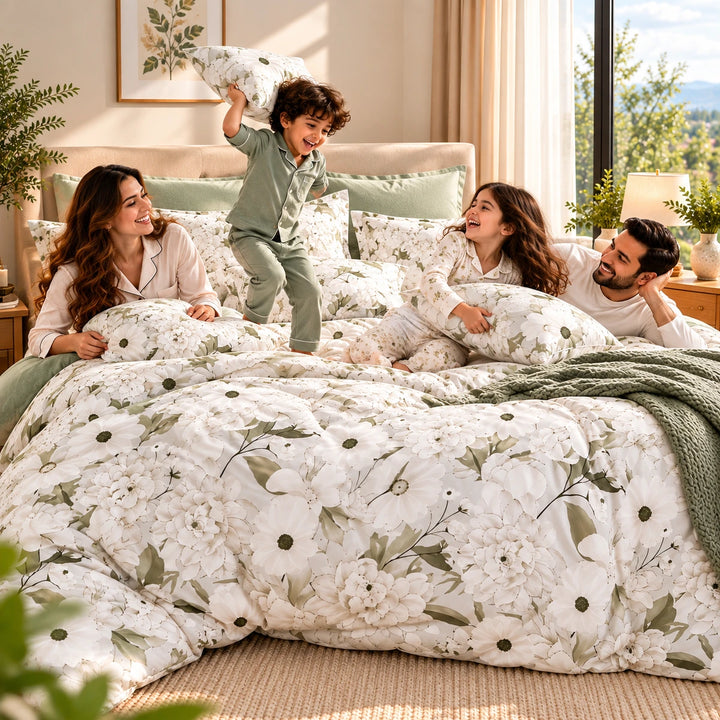 6 PCs King Size Sage Botanical  Bedding Set with Nature-Inspired Floral Artwork (6FS233)