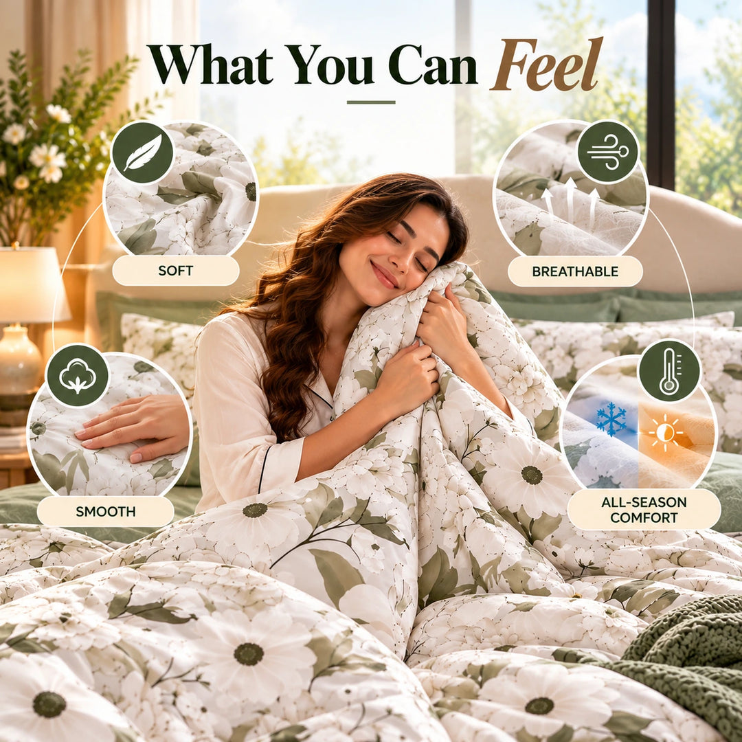 6 PCs King Size Sage Botanical  Bedding Set with Nature-Inspired Floral Artwork (6FS233)