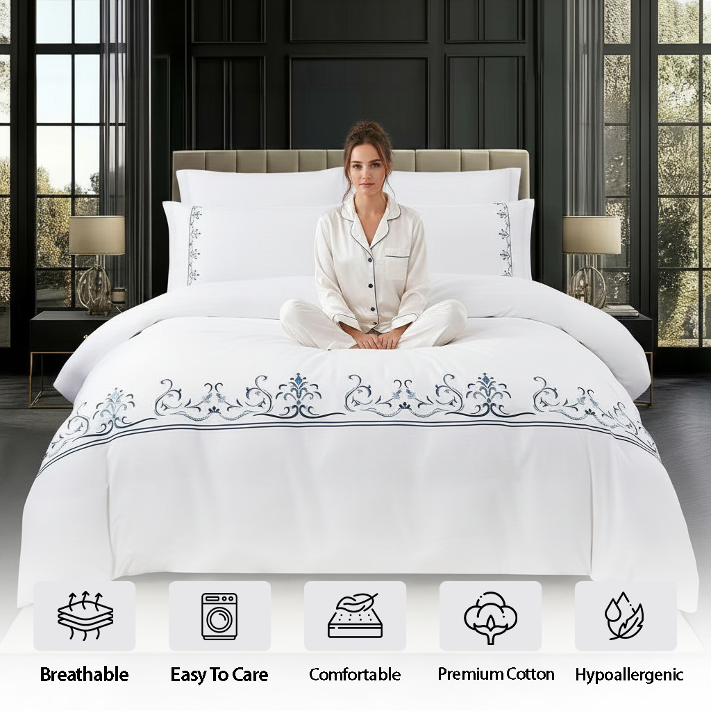 Modern luxury bedding set with blue design accents