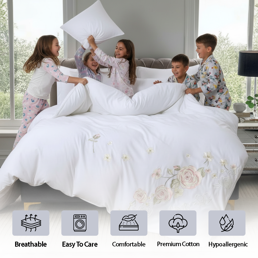 Elegant white king quilted bedspread with rose embroidery