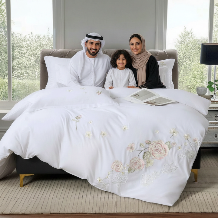 Luxury white king bedding set with embroidered roses