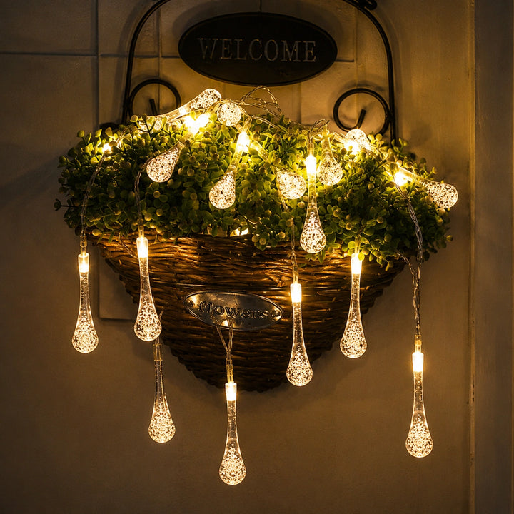 30 LED Solar Waterdrop LED String Lights with Warm White Glow for Outdoor Garden Décor
