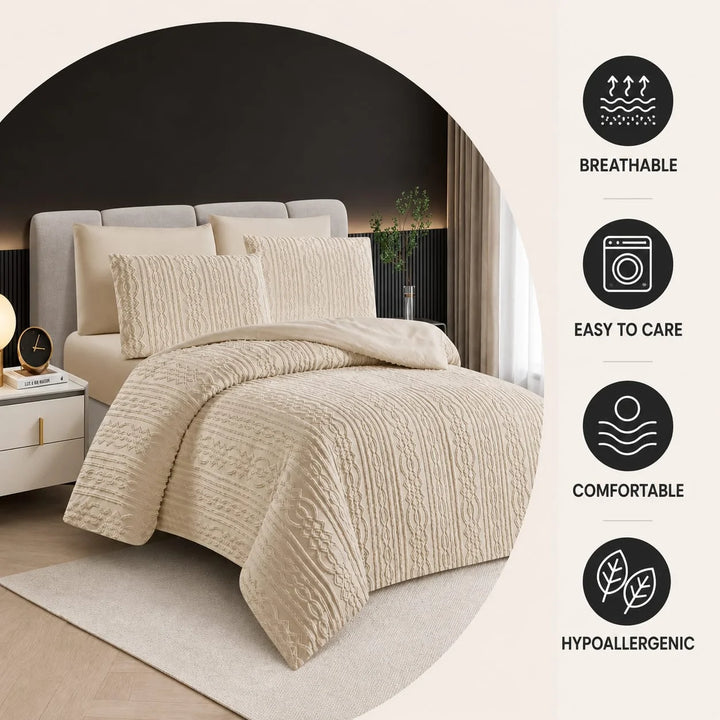 6 PCs Cream King Size Bedsheet Set Soft Quilted Duvet with Pillowcase (6FS203)
