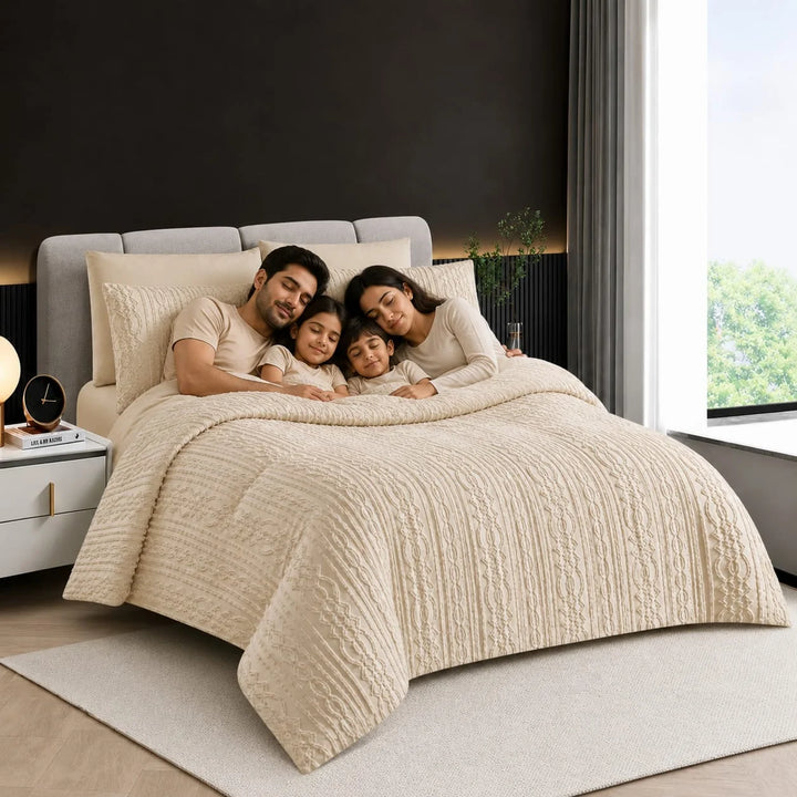 6 PCs Cream King Size Bedsheet Set Soft Quilted Duvet with Pillowcase (6FS203)