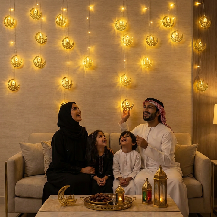 سلسلة مصابيح LED على شكل قمر ونجمة، تعمل بالبطارية، مناسبة لديكور رمضان (إضاءة ذهبية دافئة)